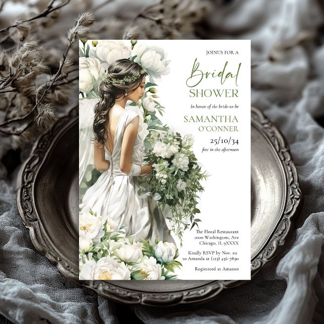Invitación Vegetación de la acuarela Boho y novia de peonías  (Boho watercolor greenery and white peonies bridal shower invitation)
