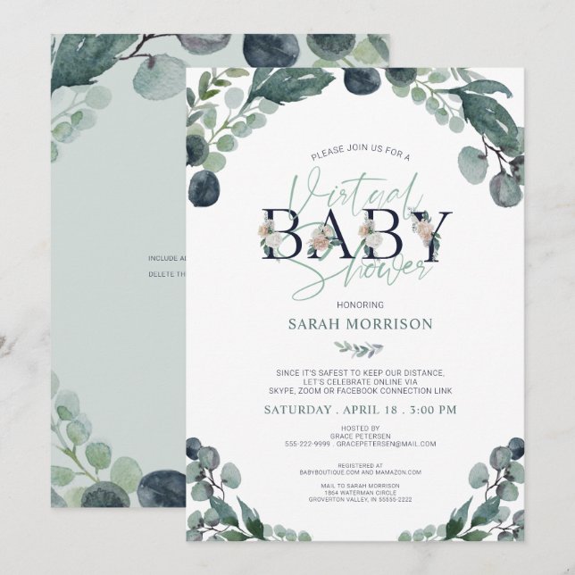 Invitación Vegetación de la Marina Azul de Baby Shower virtua (Anverso / Reverso)
