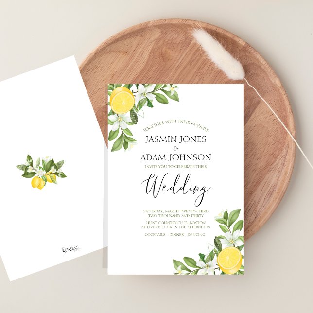 Invitación Vegetación de limón botánico Boda elegante (Citrus Lemons and Greenery Summer Fruits Wedding Invitation)