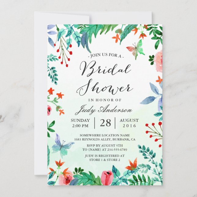 Invitación Vegetación de nubes acuarela Floral Bridal Shower (Anverso)