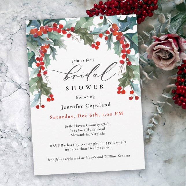 Invitación Vegetación de vacaciones acuarela Holly Bridal Sho (A festive choice for hosting a bridal shower during the Christmas holiday season or winter months.)