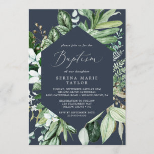 Invitación Vegetación de Woodland   Bautismo azul marino
