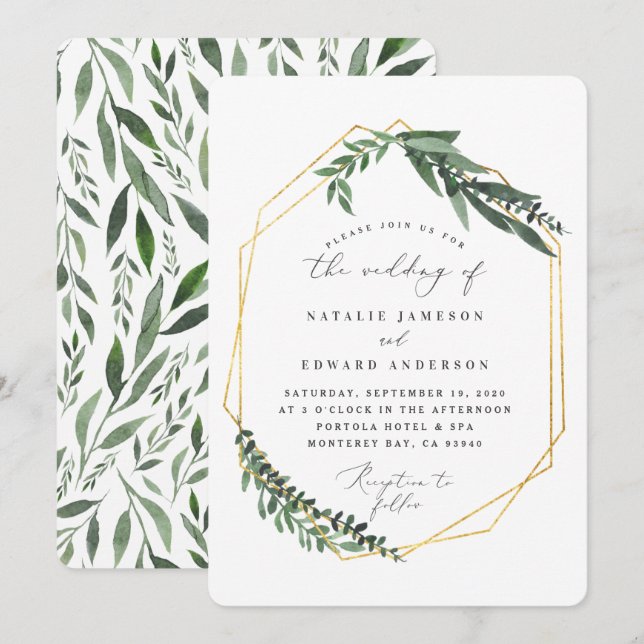 Invitación vegetación dorada geométrica de acuarela (Anverso / Reverso)