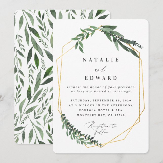 Invitación vegetación dorada geométrica de acuarela (Anverso / Reverso)