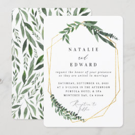 Invitación vegetación dorada geométrica de acuarela