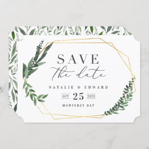 Invitación vegetación dorada geométrica de acuarela