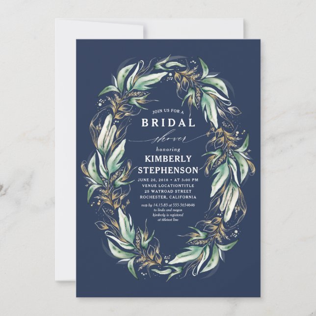Invitación Vegetación dorada Wreath Navy Blue Boho Bridal Sho (Anverso)