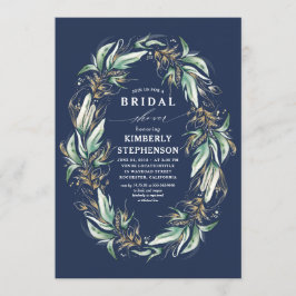 Invitación Vegetación dorada Wreath Navy Blue Boho Bridal Sho