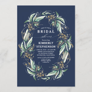 Invitación Vegetación dorada Wreath Navy Blue Boho Bridal Sho