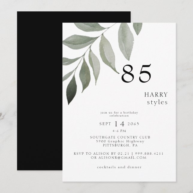 Invitación Vegetación en blanco y negro 85ª fiesta de cumplea (Anverso / Reverso)