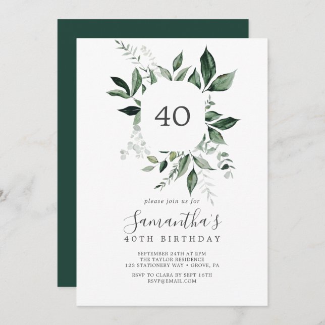 Invitación Vegetación Esmeralda 40 cumpleaños (Anverso / Reverso)