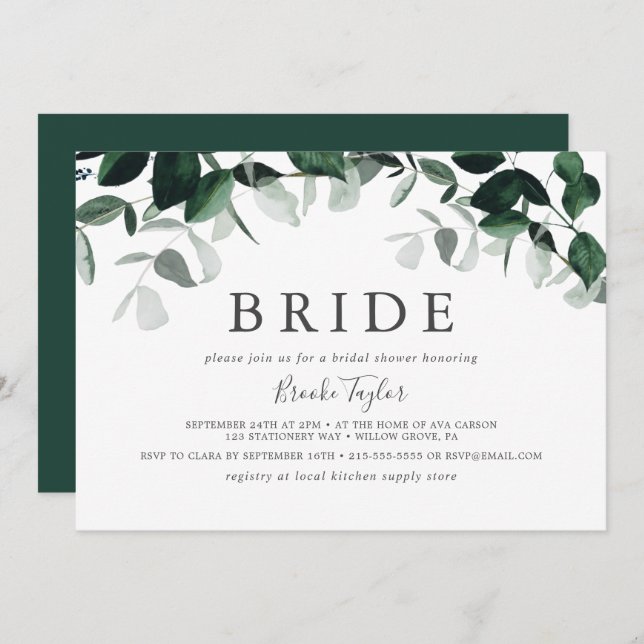 Invitación Vegetación Esmeralda Ducha Bridal Horizontal Bride (Anverso / Reverso)