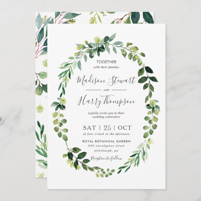 Invitación Vegetación Eucalyptus Oval Wreath Boda Botánico (Anverso / Reverso)