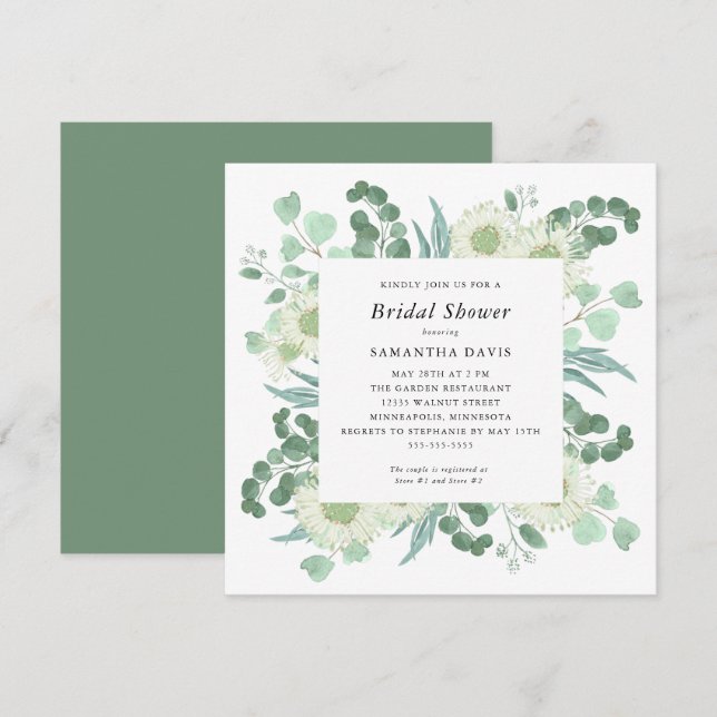 Invitación Vegetación Eucalyptus y Flores Ducha Bridal (Anverso / Reverso)