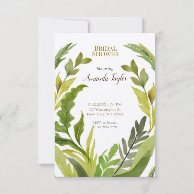 Invitación Vegetación Floral Acuarela Elegante Ducha Bridal (Anverso)