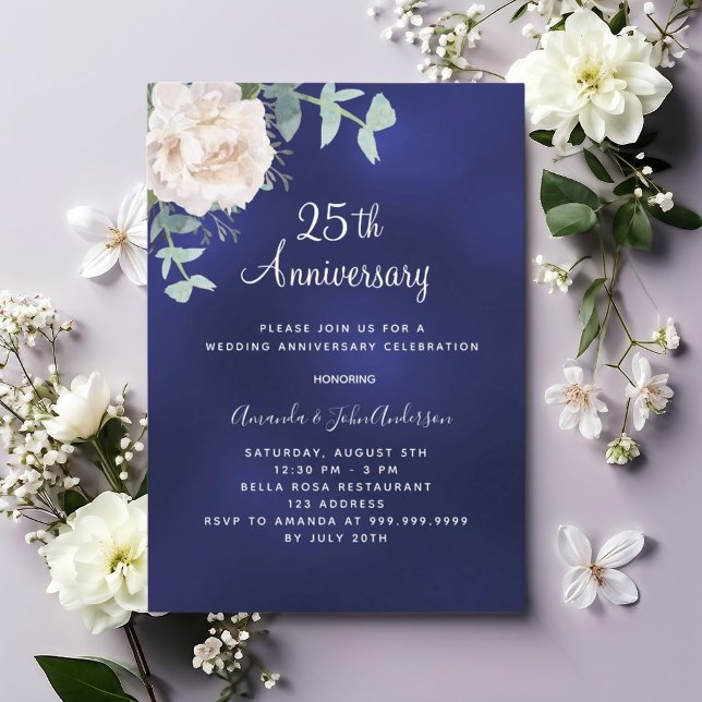 Invitación Vegetación floral azul marino 25 aniversario boda (Subido por el creador)