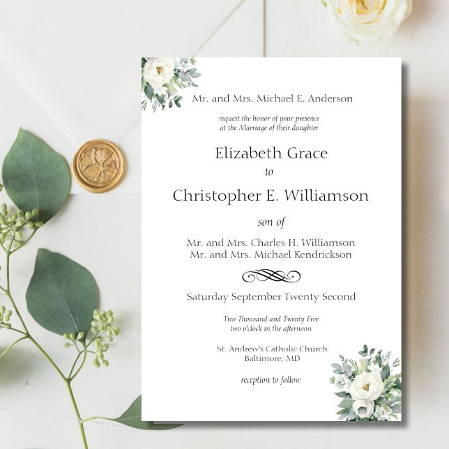 Invitación Vegetación floral blanca Boda formal tradicional (White Floral Traditional Classic Elegant, Both Parents names, Wedding Invitation)
