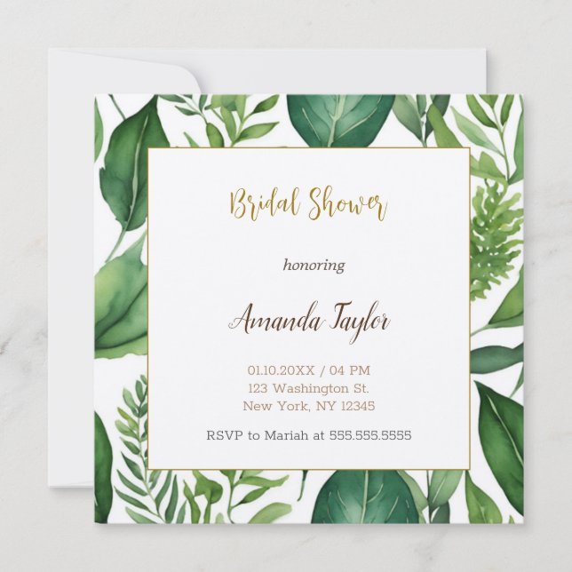 Invitación Vegetación floral Caligrafía mínima Ducha nupcial (Anverso)