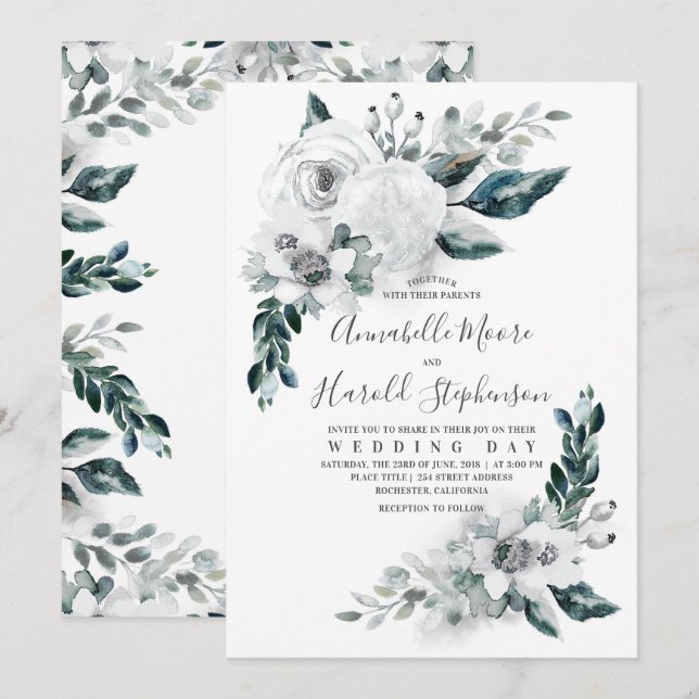 Invitación Vegetación floral de Alabaster | Boda acuarela (Anverso / Reverso)