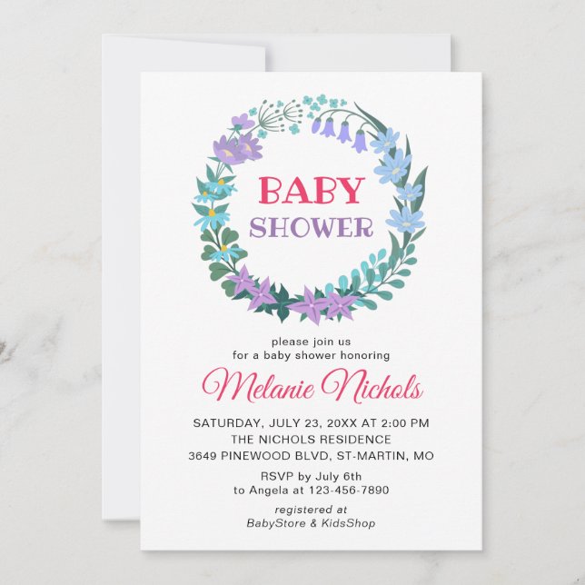 Invitación Vegetación floral de Baby Shower Wreath Bluebell L (Anverso)