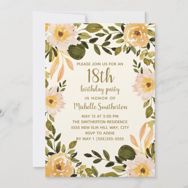 Invitación Vegetación floral de crema amarilla 18 cumpleaños (Anverso)
