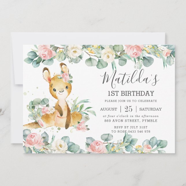 Invitación Vegetación floral Eucalyptus Cute Kangaroo Cumplea (Anverso)