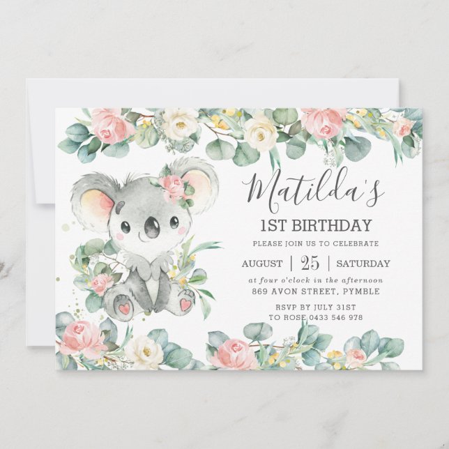 Invitación Vegetación floral Eucalyptus Cute Koala Cumpleaños (Anverso)
