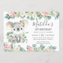 Invitación Vegetación floral Eucalyptus Cute Koala Cumpleaños