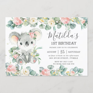 Invitación Vegetación floral Eucalyptus Cute Koala Cumpleaños