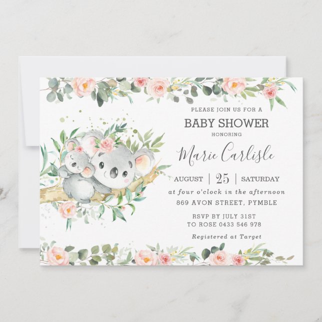 Invitación Vegetación floral Eucalyptus Koala Chica de Baby S (Anverso)