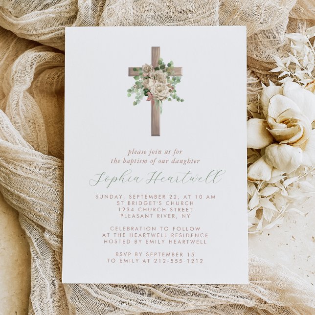 Invitación Vegetación floral Marfil Rosa Oro Cruz Chica Bauti (Subido por el creador)