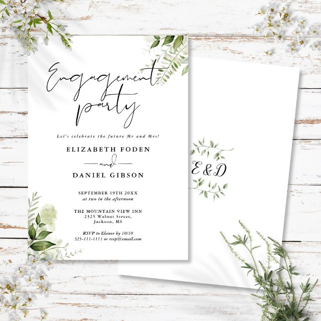 Invitación Vegetación floral Partido Compromiso Blanco Y Negr (Floral Greenery Black And White Engagement Party Invitation)