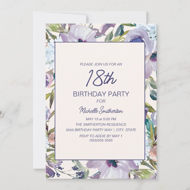 Invitación Vegetación floral púrpura Lilac 18 cumpleaños (Anverso)