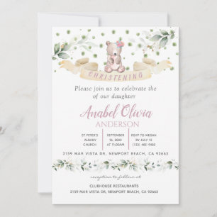 Invitación Vegetación floral rosa del oso bautismo Chica invi