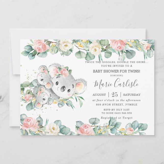Invitación Vegetación floral rosa Koala Chicas gemelos Baby S (Anverso)