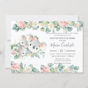 Invitación Vegetación floral rosa Koala Chicas gemelos Baby S