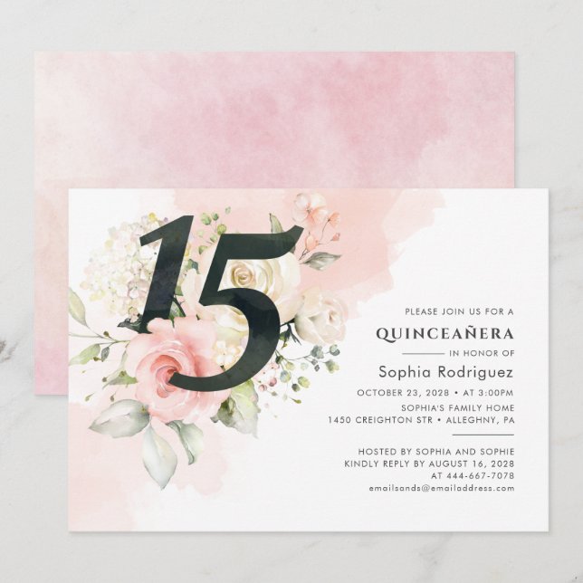 Invitación Vegetación floral rosa Quinceanera 15º cumpleaños (Anverso / Reverso)