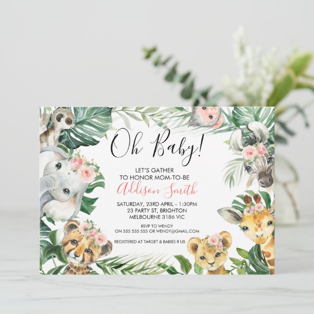 Invitación Vegetación floral rosa Safari Animales Baby Shower (Anverso de pie)