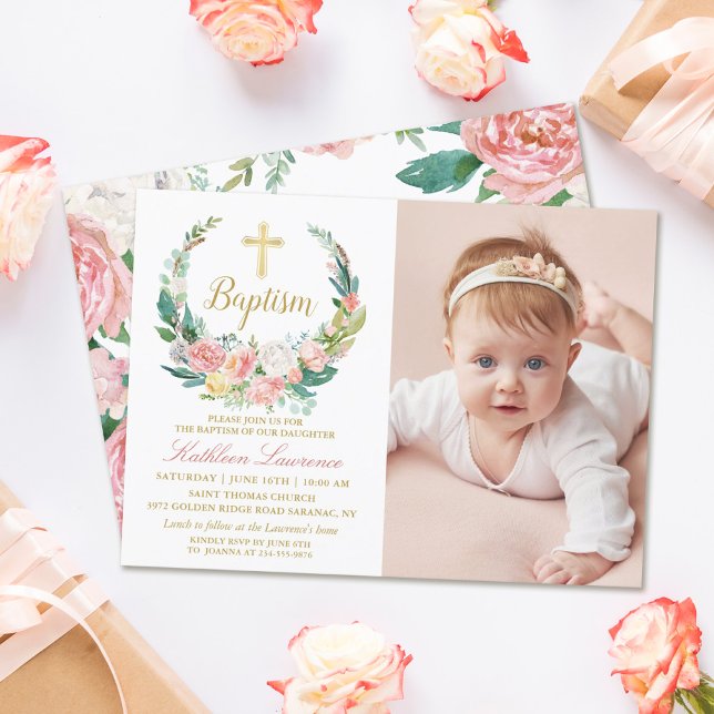 Invitación Vegetación floral rosa Wreath Chica Bautismo Foto (Subido por el creador)