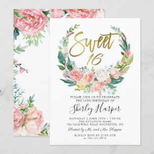 Invitación Vegetación floral rosa Wreath Gold Script Sweet 16