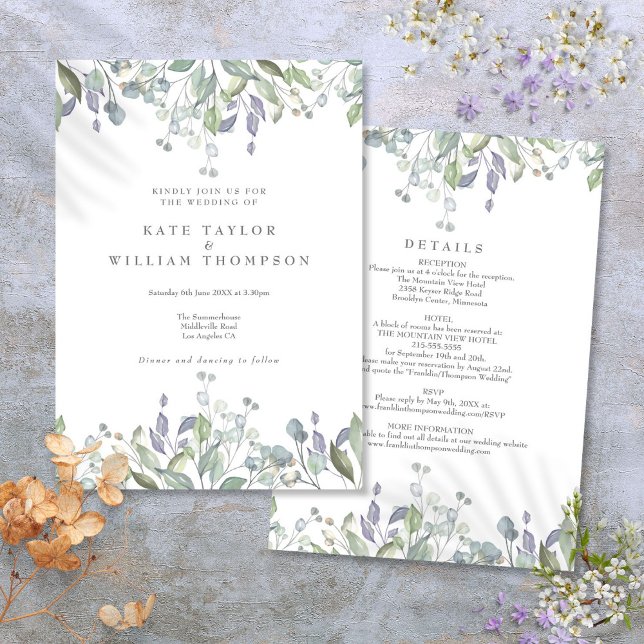 Invitación Vegetación Floral Sage Lilac Verdor Todo En Un Bod (Floral Sage Lilac Greenery All In One Wedding Invitation)