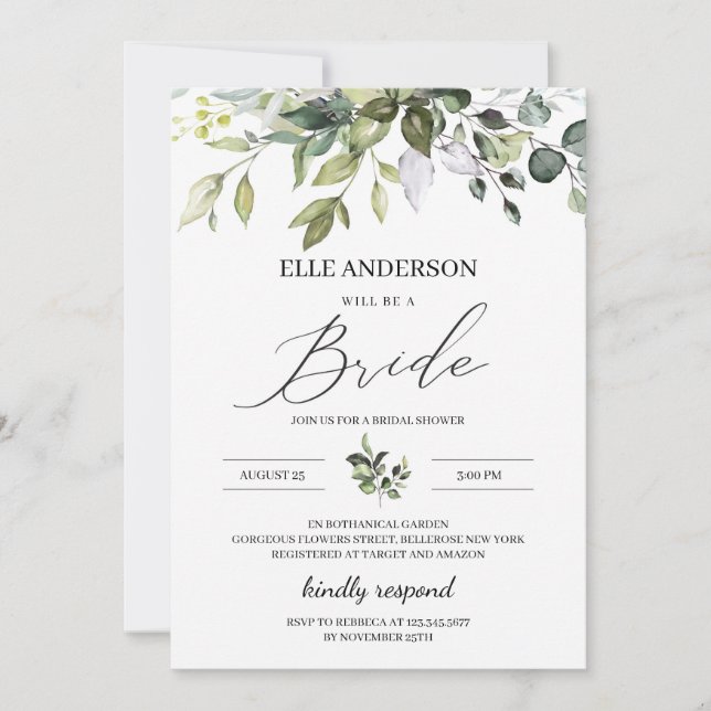 Invitación Vegetación follaje boho moderna ducha de novia (Anverso)