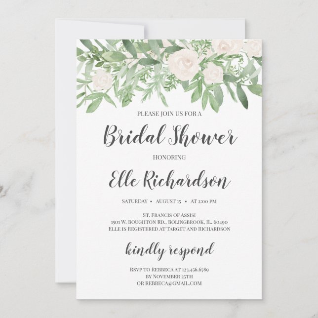 Invitación Vegetación follaje rosas blancas ducha de novia (Anverso)