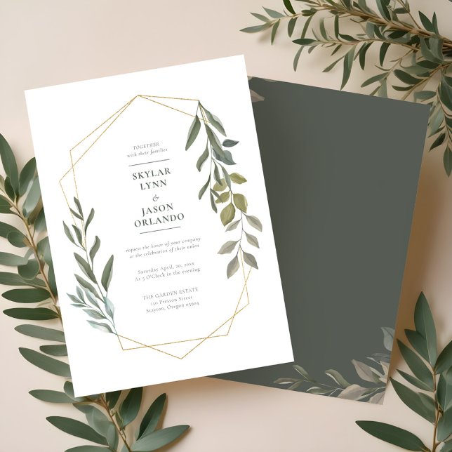 Invitación Vegetación mínima de hojas y solárium geométrico d (Minimal Leaf Greenery & Gold Geometric Terrarium Invitation)