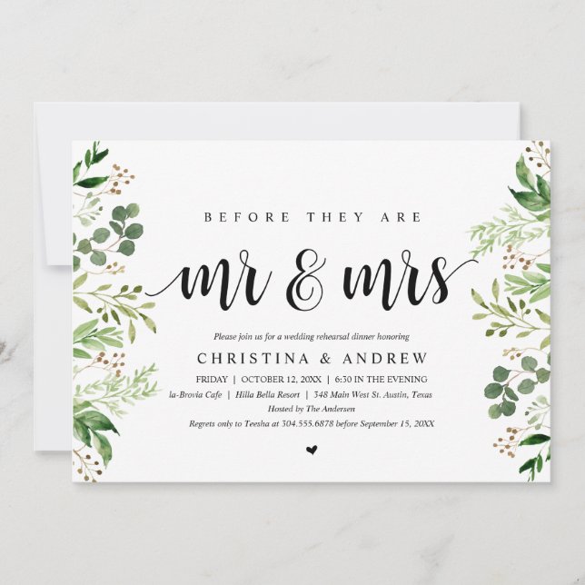 Invitación Vegetación moderna, cena de ensayo de boda (Anverso)