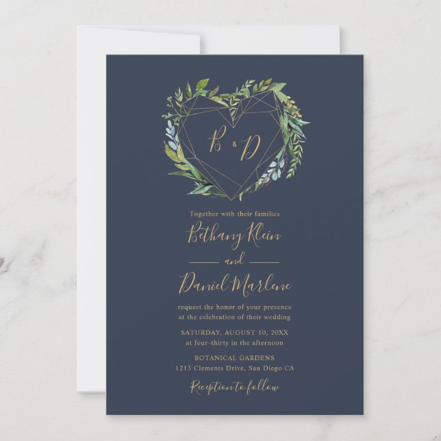 Invitación Vegetación naval con Boda de corazón geométrico (Anverso)
