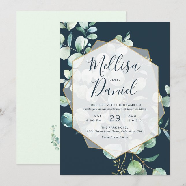 Invitación Vegetación naval y de menta con marco geométrico (Anverso / Reverso)