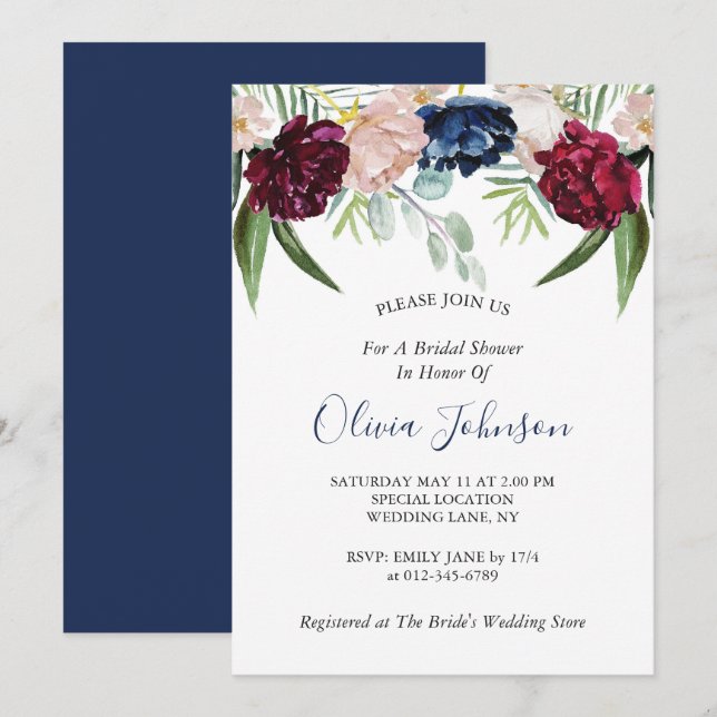 Invitación Vegetación nupcial floral azul de la Marina Ducha  (Anverso / Reverso)