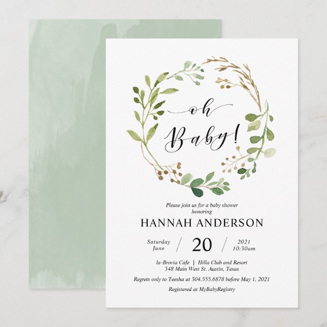 Invitación Vegetación Oh guión moderno Baby Shower (Anverso / Reverso)