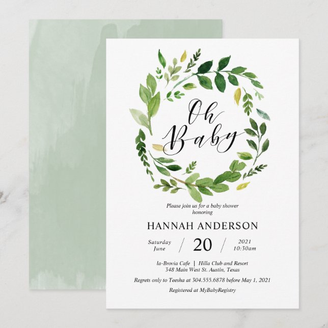 Invitación Vegetación Oh guión moderno Baby Shower (Anverso / Reverso)
